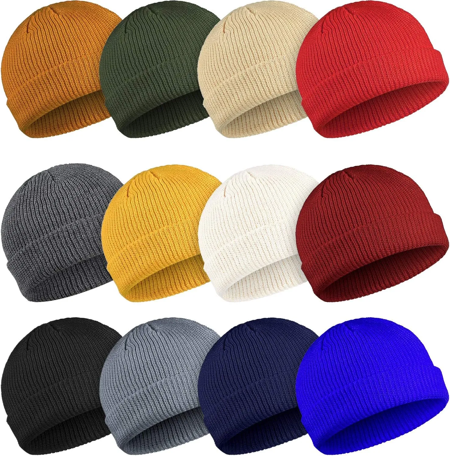 Geyoga 12 Pieces Trawler Beanie Hats Knit Cuff Beanie Roll-Up Edge Skull Cap Fisherman Hat for Men Women