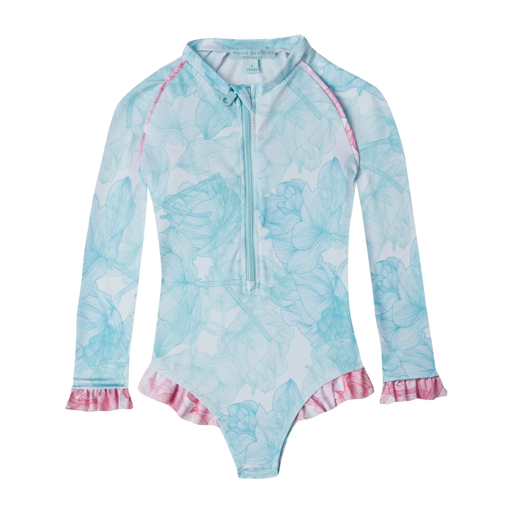 GIRL'S ONE PIECE LONG SLEEVE RUFFLES FLOWERS MINT
