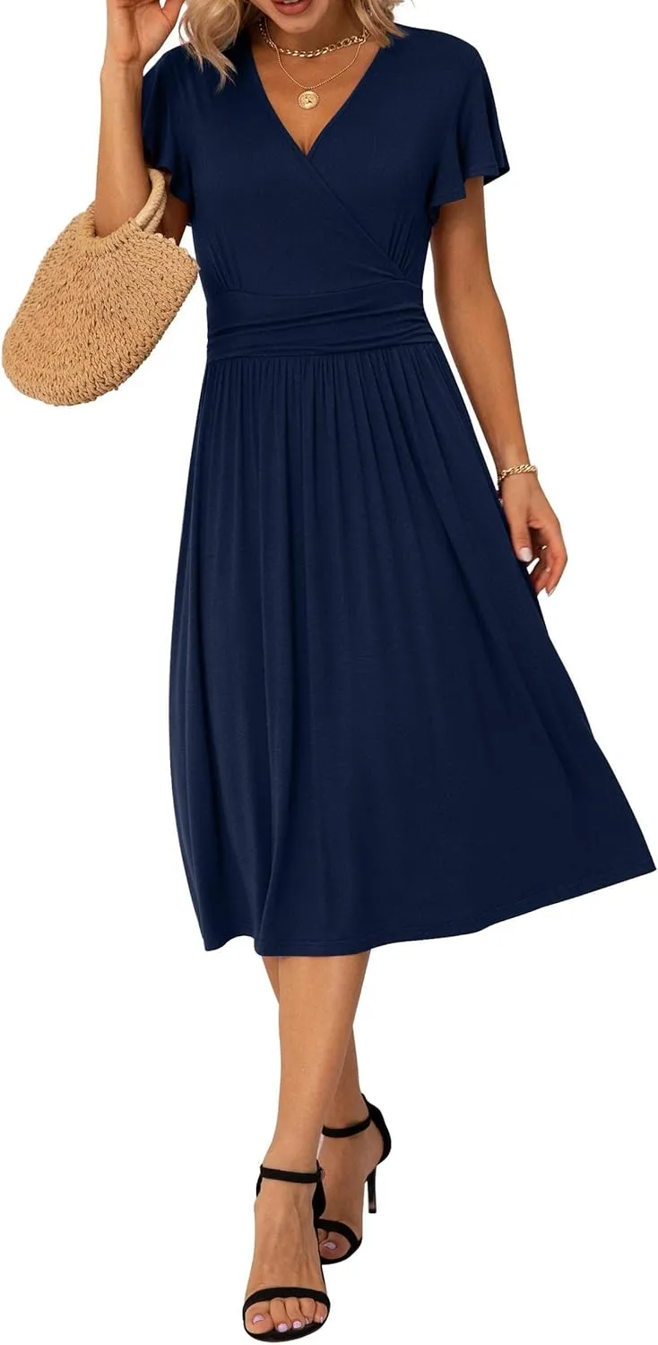 GRECERELLE Spring Summer Dress for Women Casual Ruffle Short Sleeve Wrap V-Neck Dress