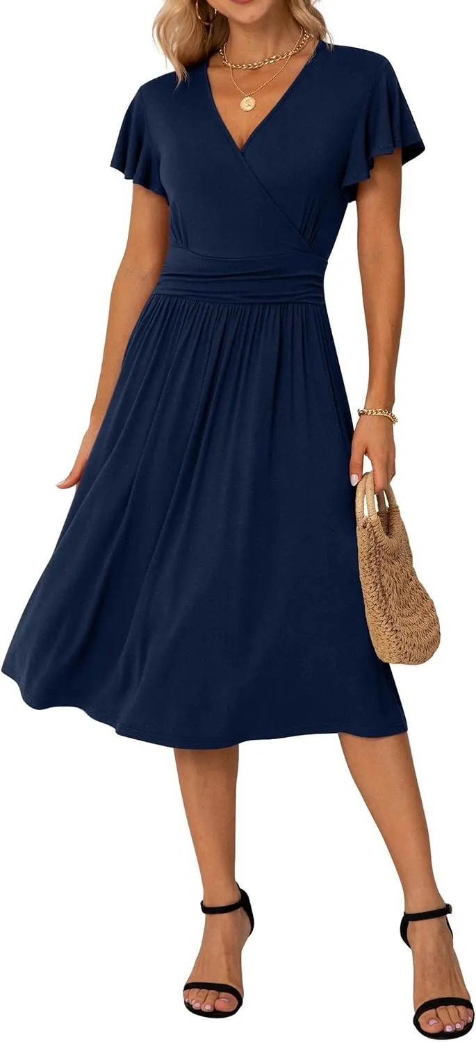 GRECERELLE Spring Summer Dress for Women Casual Ruffle Short Sleeve Wrap V-Neck Dress