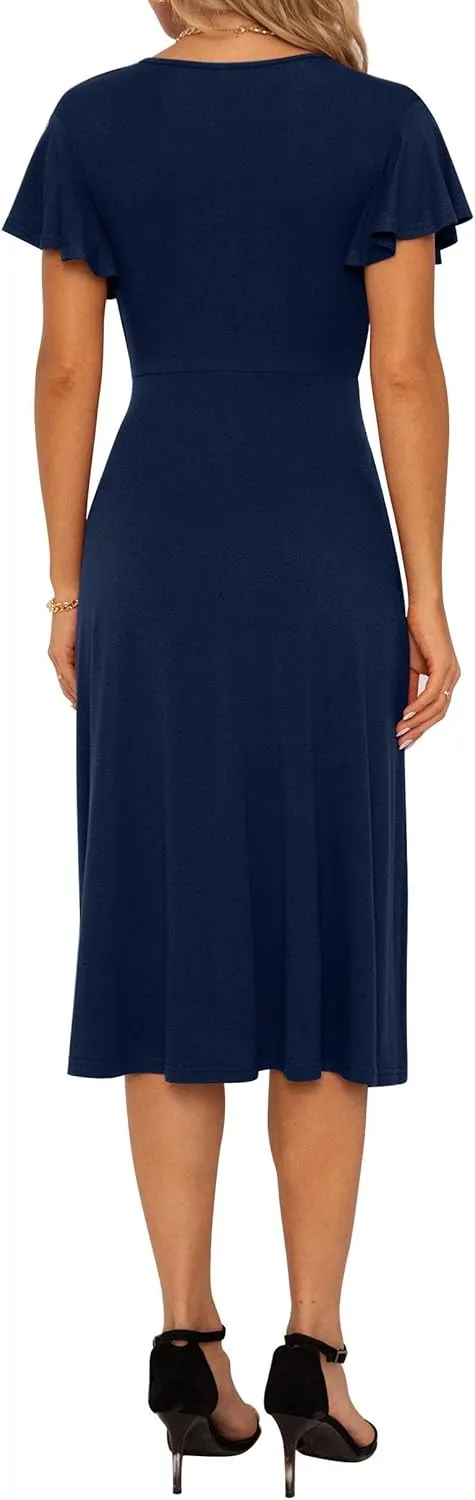 GRECERELLE Spring Summer Dress for Women Casual Ruffle Short Sleeve Wrap V-Neck Dress