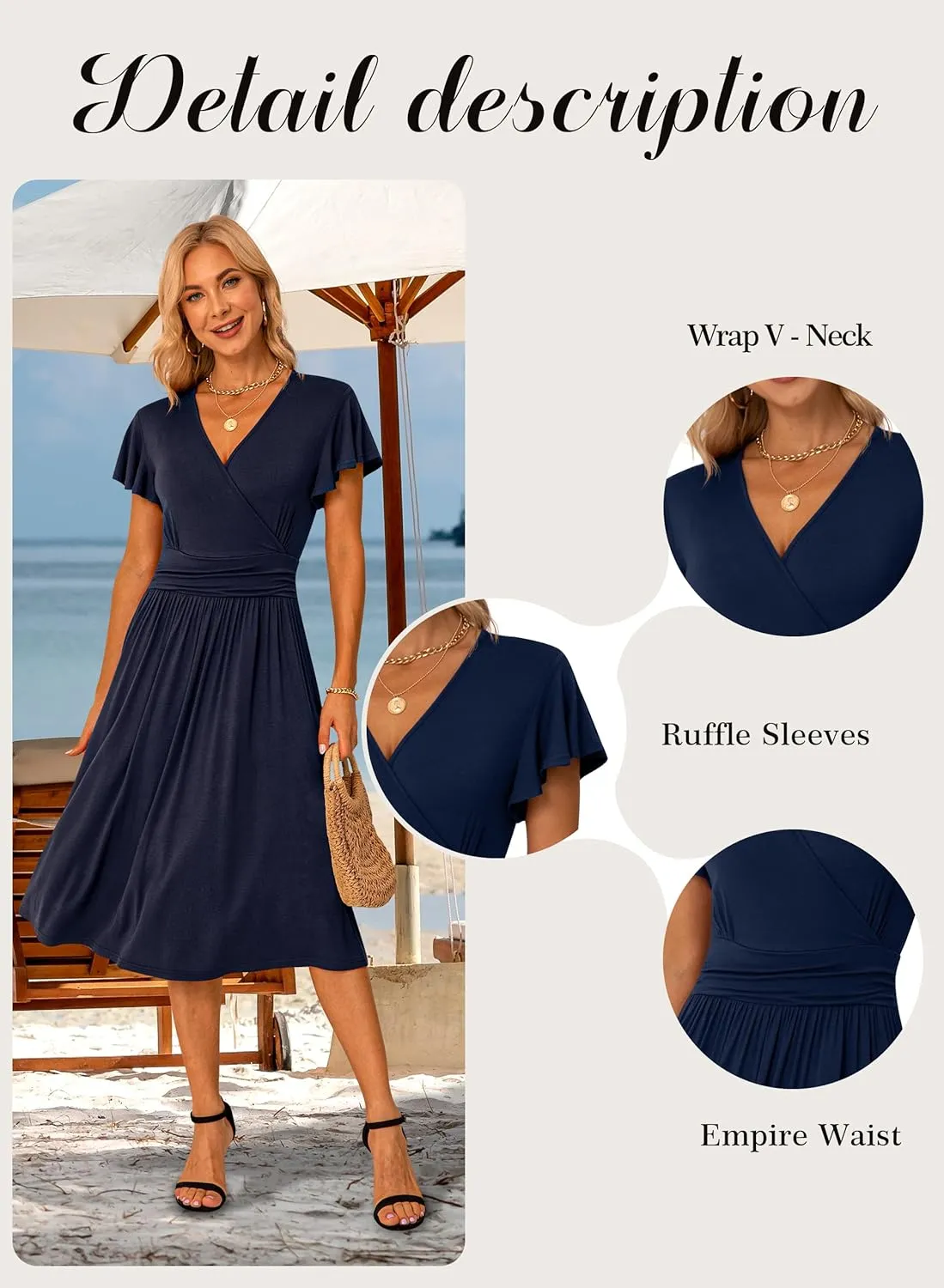 GRECERELLE Spring Summer Dress for Women Casual Ruffle Short Sleeve Wrap V-Neck Dress
