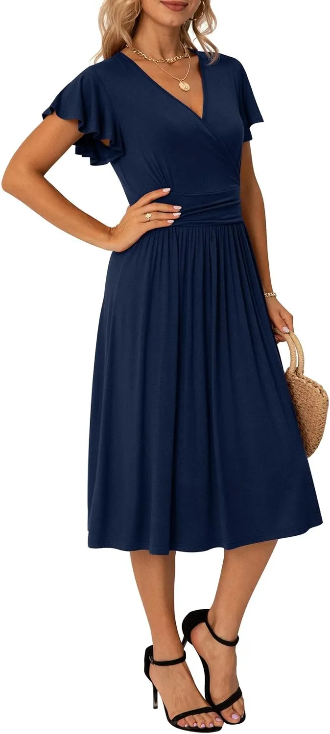 GRECERELLE Spring Summer Dress for Women Casual Ruffle Short Sleeve Wrap V-Neck Dress