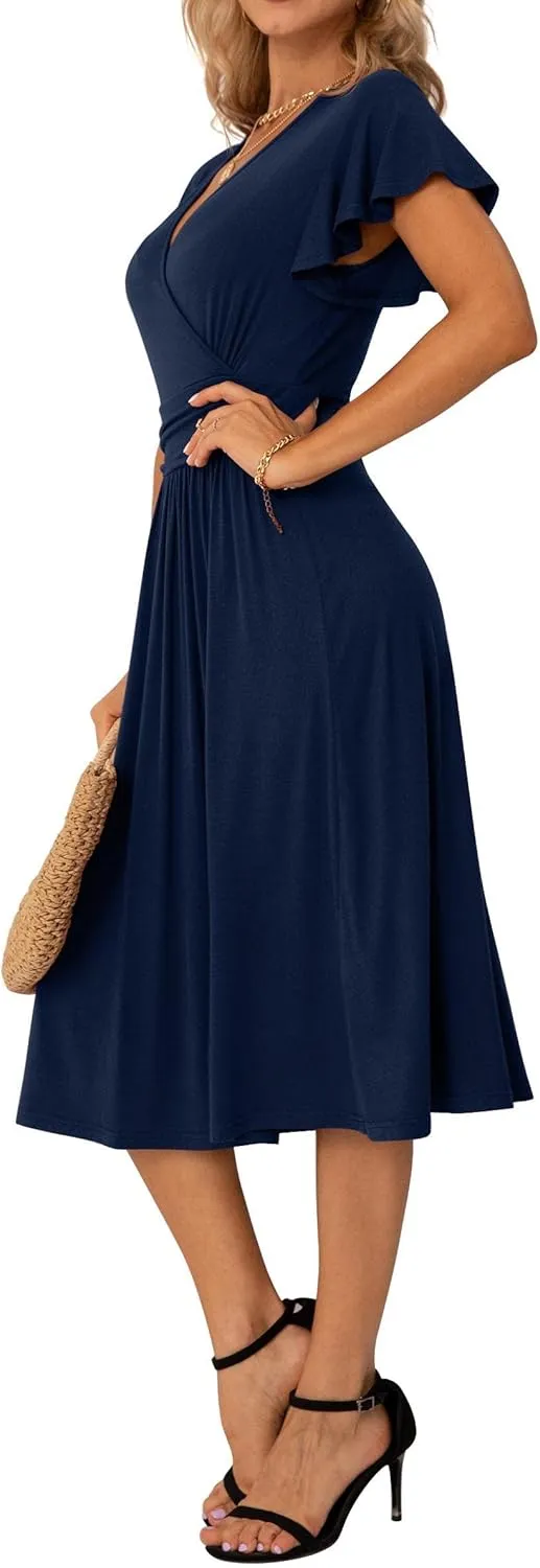 GRECERELLE Spring Summer Dress for Women Casual Ruffle Short Sleeve Wrap V-Neck Dress
