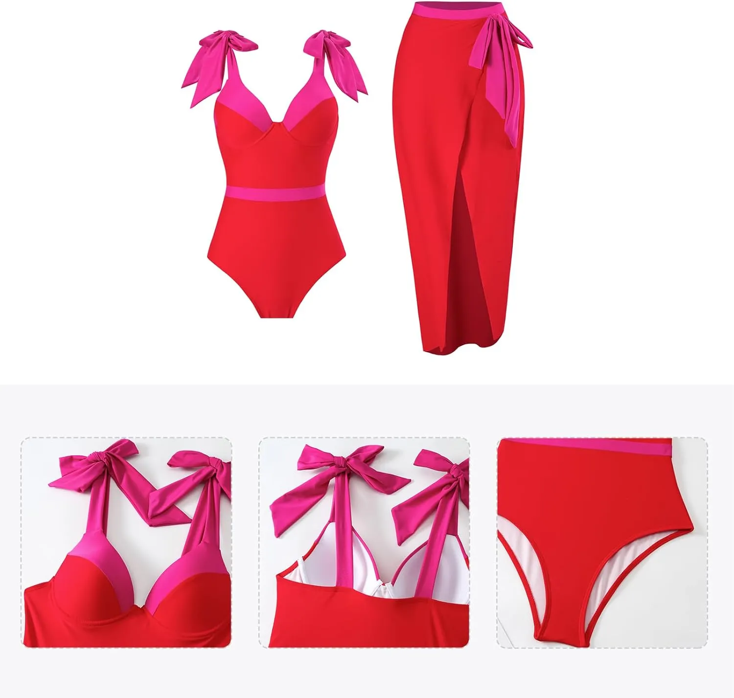 IBAKOM One Piece Swimsuit with Cover Ups Women Push Up Two Pieces Bathing Suit Sexy Bikini Set Wrap Skirt Swimwear Sarong