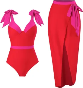 IBAKOM One Piece Swimsuit with Cover Ups Women Push Up Two Pieces Bathing Suit Sexy Bikini Set Wrap Skirt Swimwear Sarong