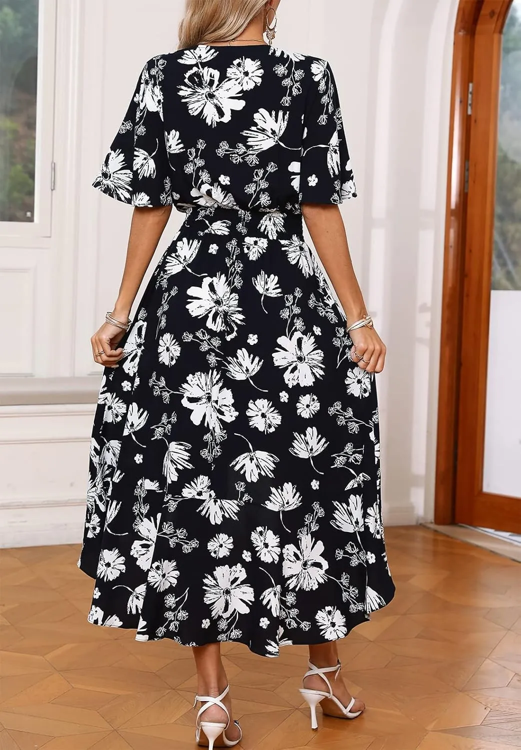 Kormei Women Short Sleeve V Neck Floral High Low Flowy Summer Party Long Maxi Dress