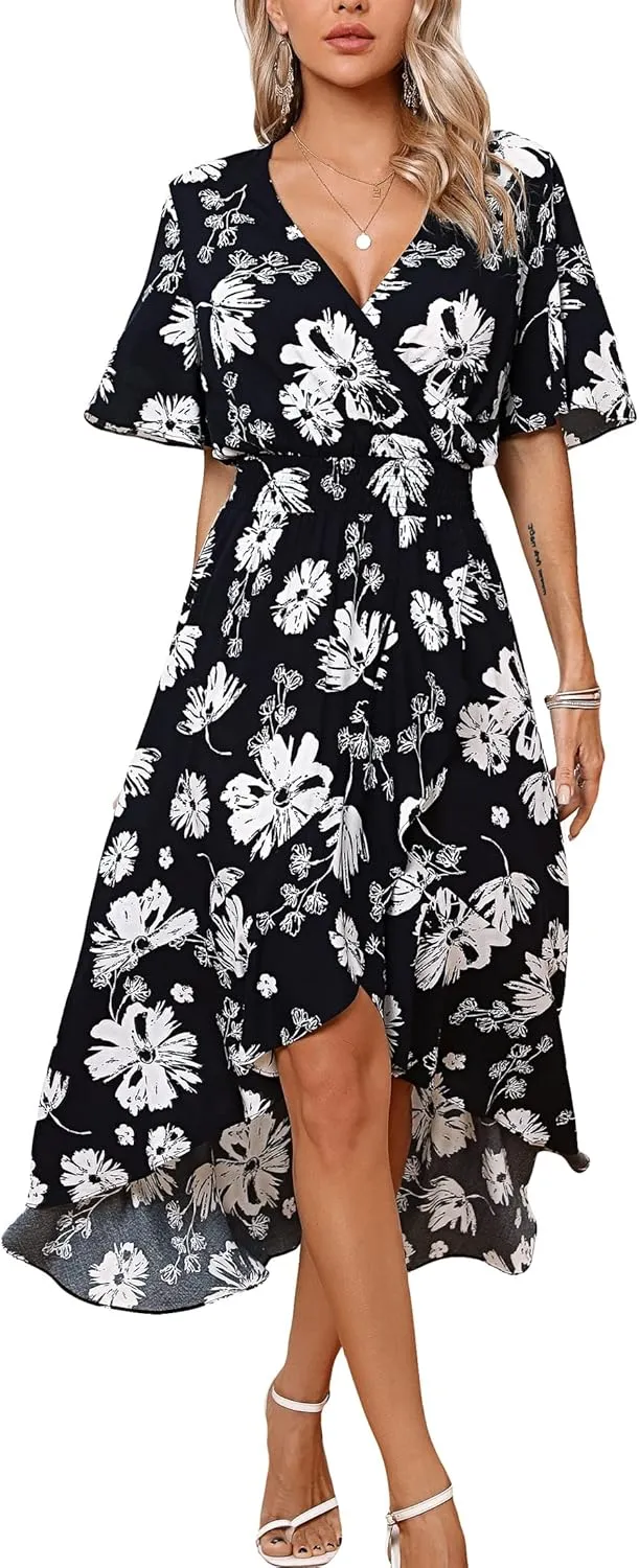 Kormei Women Short Sleeve V Neck Floral High Low Flowy Summer Party Long Maxi Dress