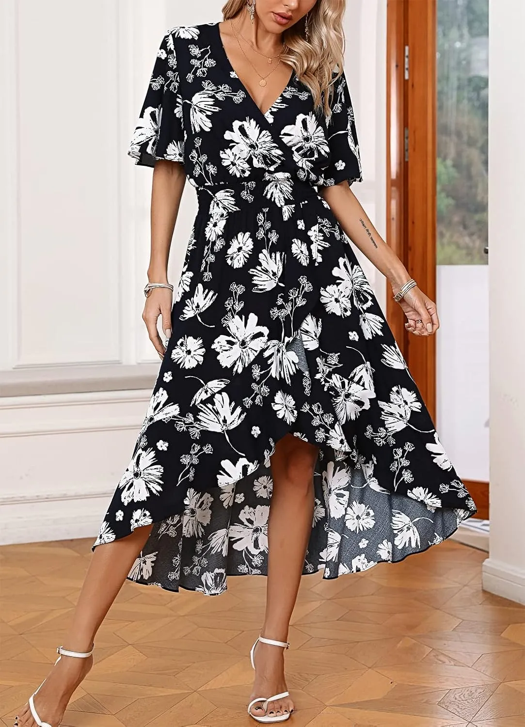 Kormei Women Short Sleeve V Neck Floral High Low Flowy Summer Party Long Maxi Dress