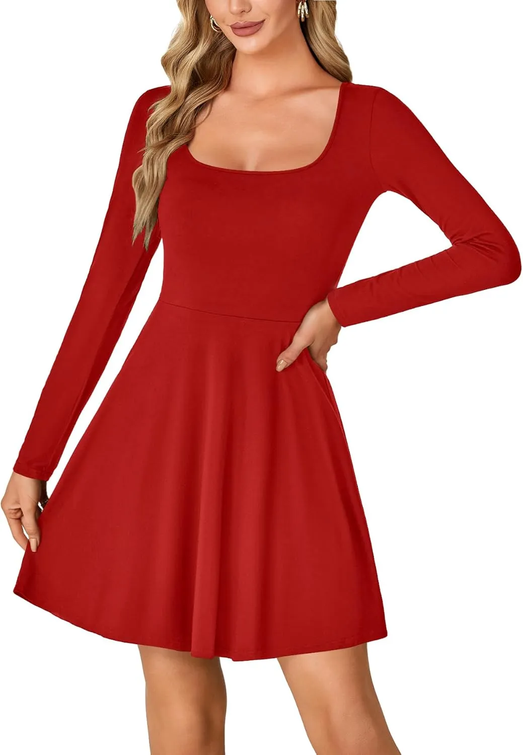LYANER Women's Long Sleeve Mini Dress Loose Casual Empire Waist Above Knee Length Dresses