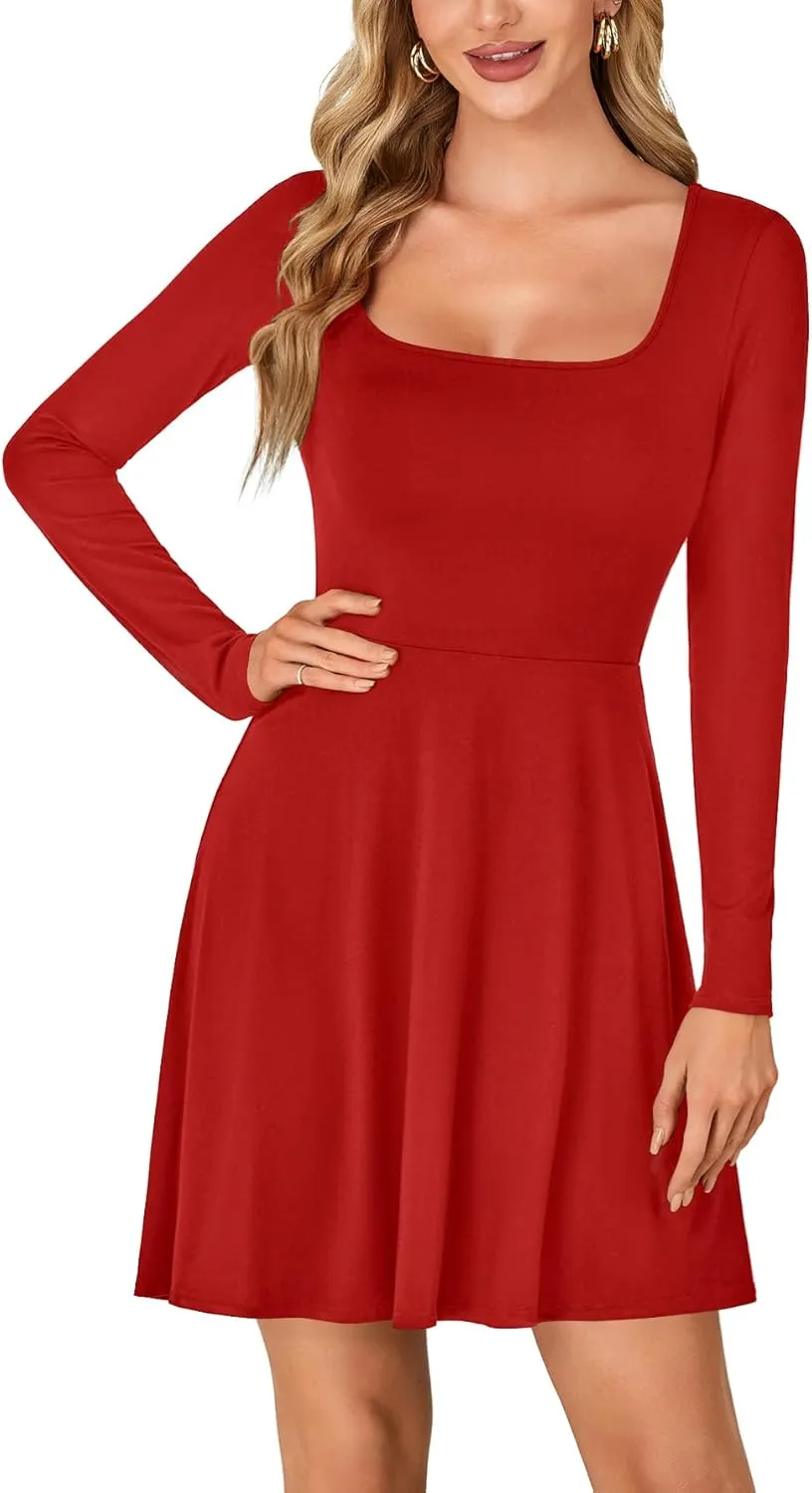 LYANER Women's Long Sleeve Mini Dress Loose Casual Empire Waist Above Knee Length Dresses