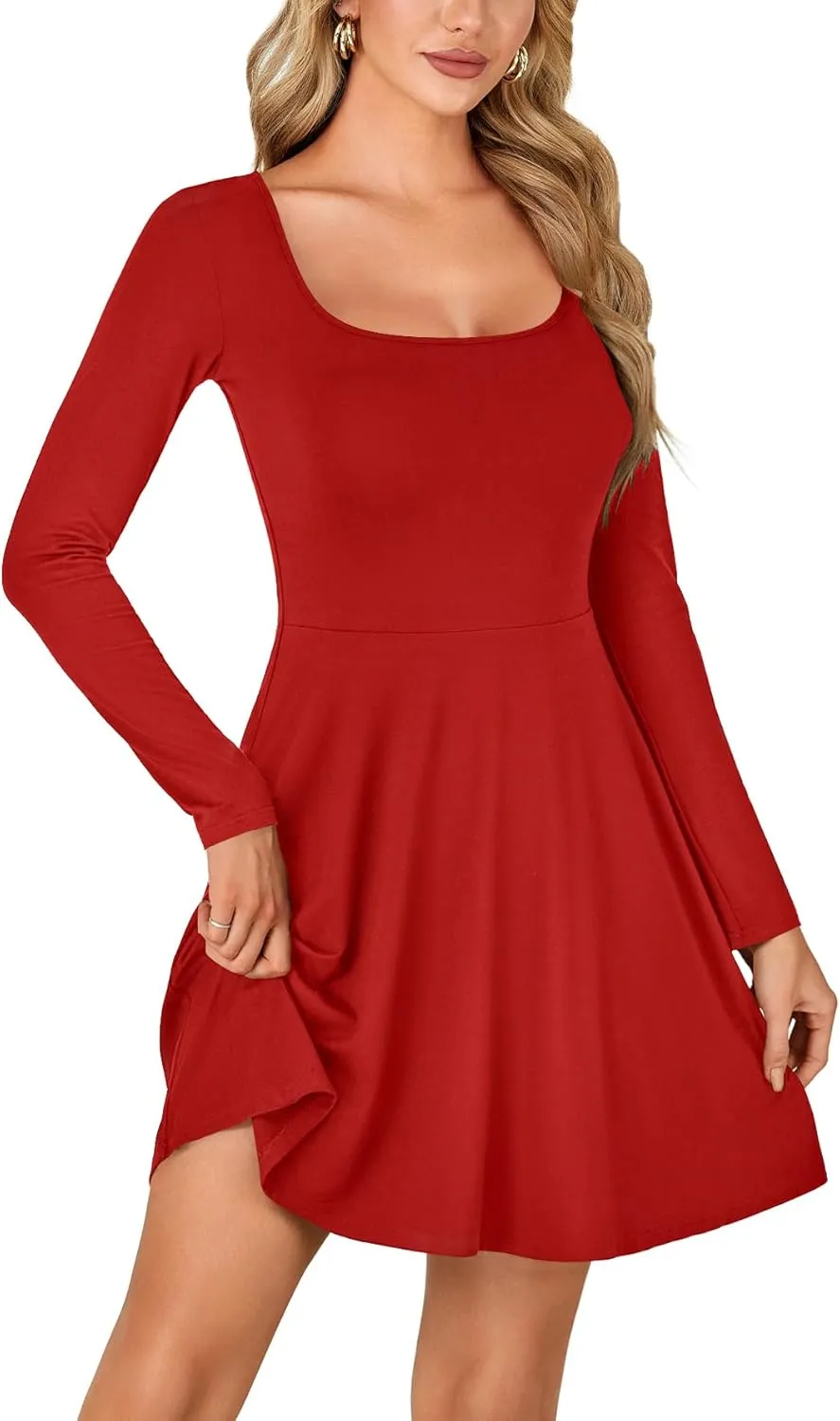 LYANER Women's Long Sleeve Mini Dress Loose Casual Empire Waist Above Knee Length Dresses