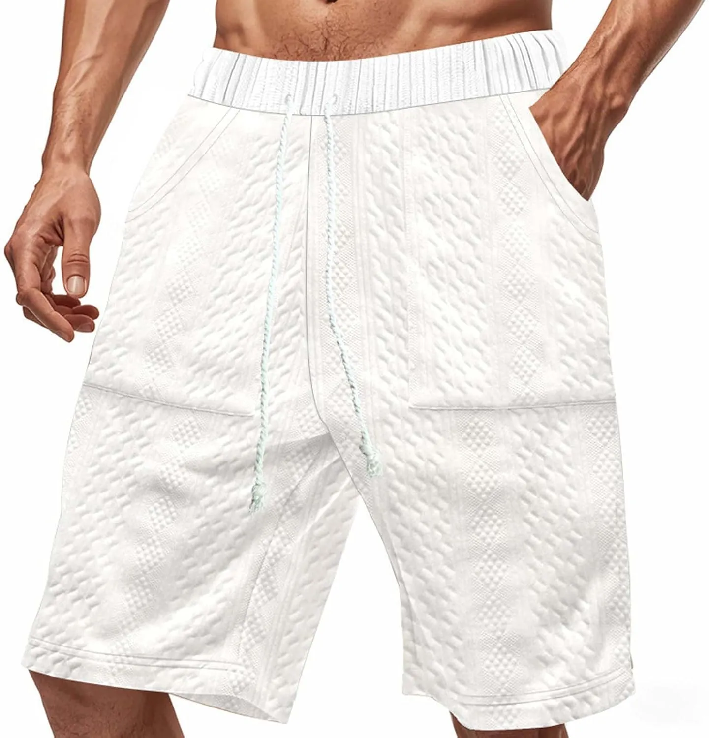 Men's Jacquard Print Bermuda Shorts, Solid Casual Summer Sports Clothes Loose Comfy Wide Leg Short Pants with Pockets
