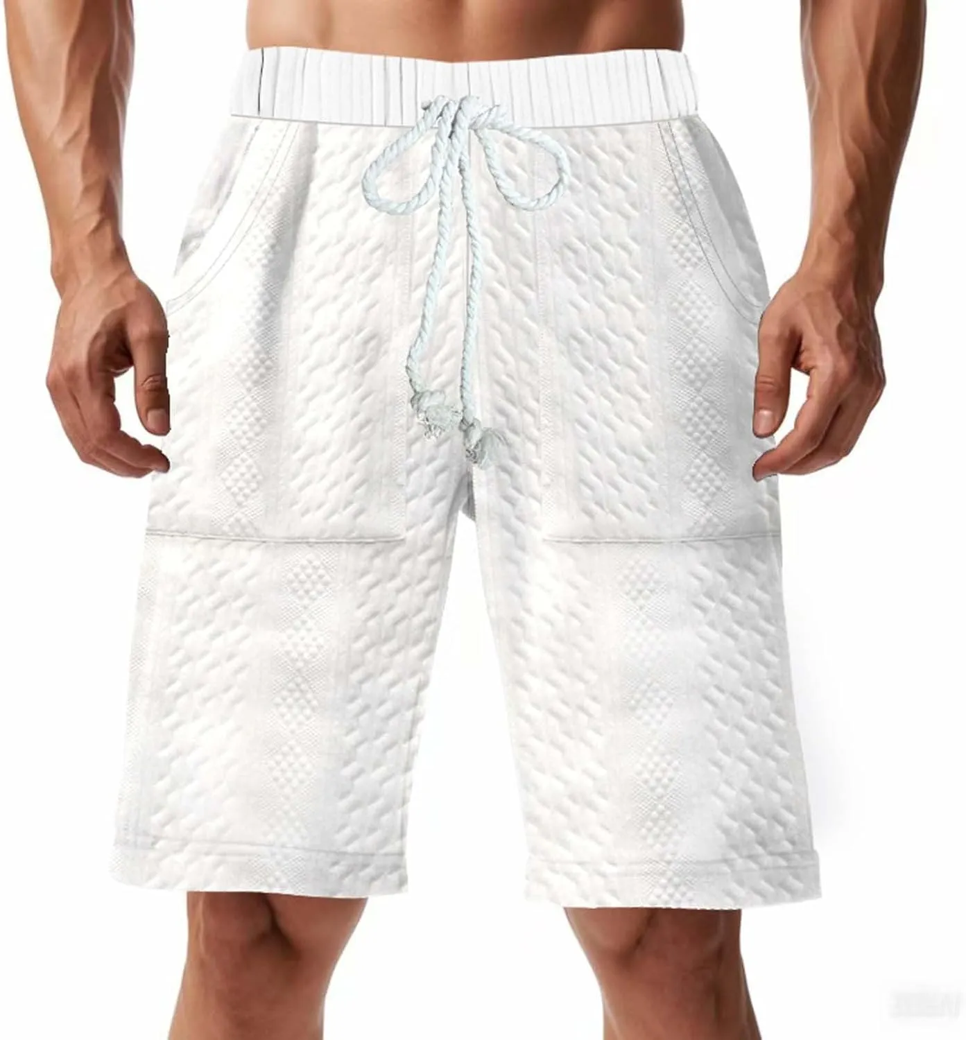 Men's Jacquard Print Bermuda Shorts, Solid Casual Summer Sports Clothes Loose Comfy Wide Leg Short Pants with Pockets