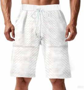 Men's Jacquard Print Bermuda Shorts, Solid Casual Summer Sports Clothes Loose Comfy Wide Leg Short Pants with Pockets