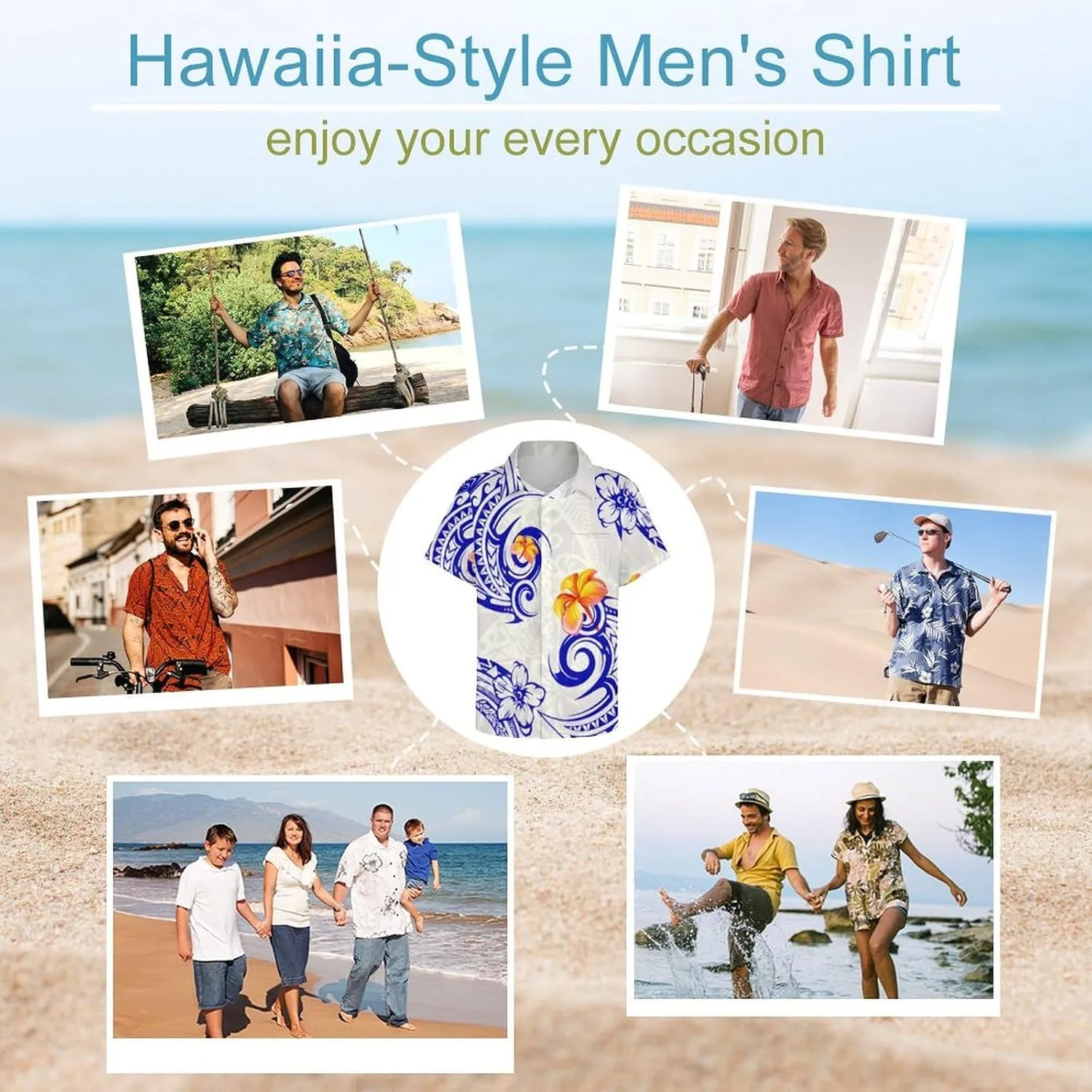 Men's Polynesian Tribal Print Cuban Collar Shirt Short Sleeve Button Down Beach Hawaiian Shirts with Pocket