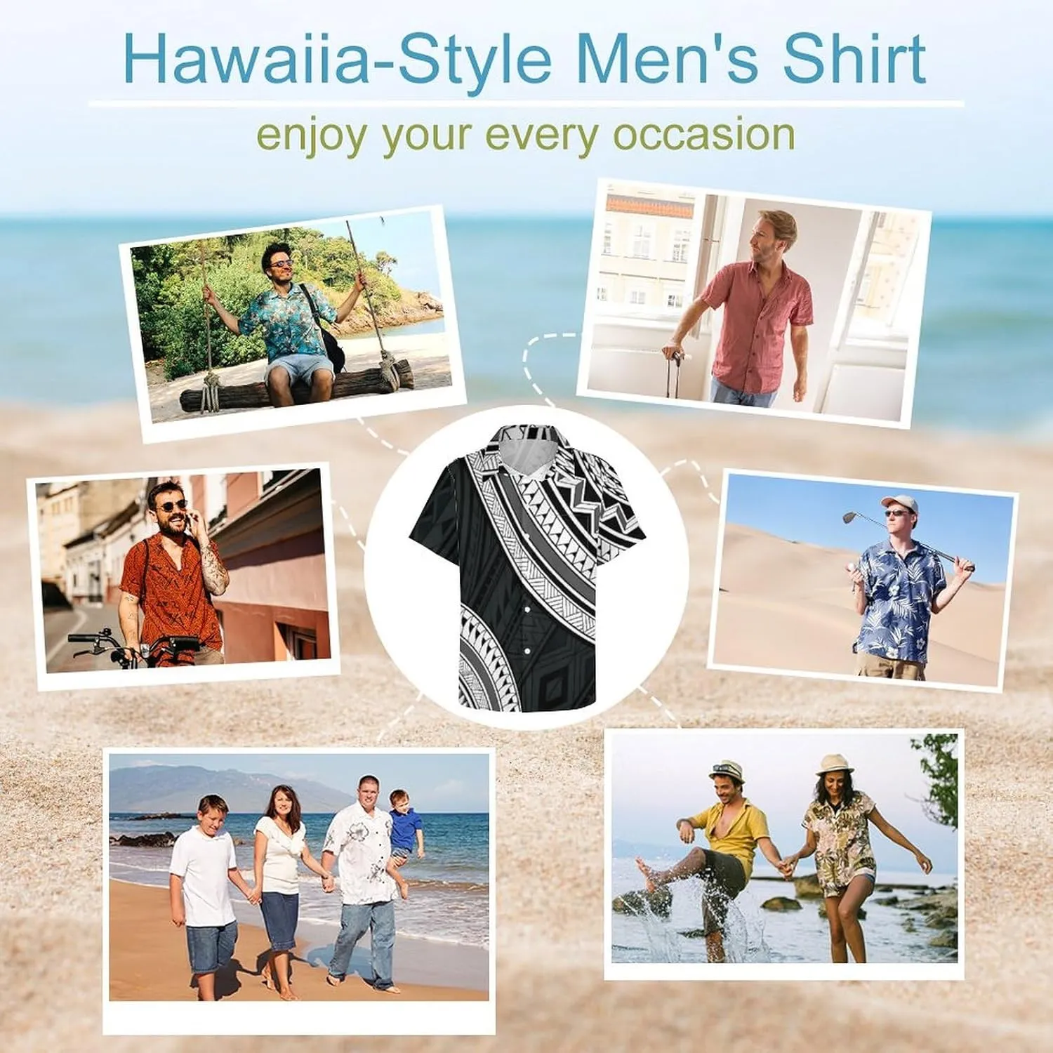 Men's Polynesian Tribal Print Cuban Collar Shirt Short Sleeve Button Down Beach Hawaiian Shirts with Pocket