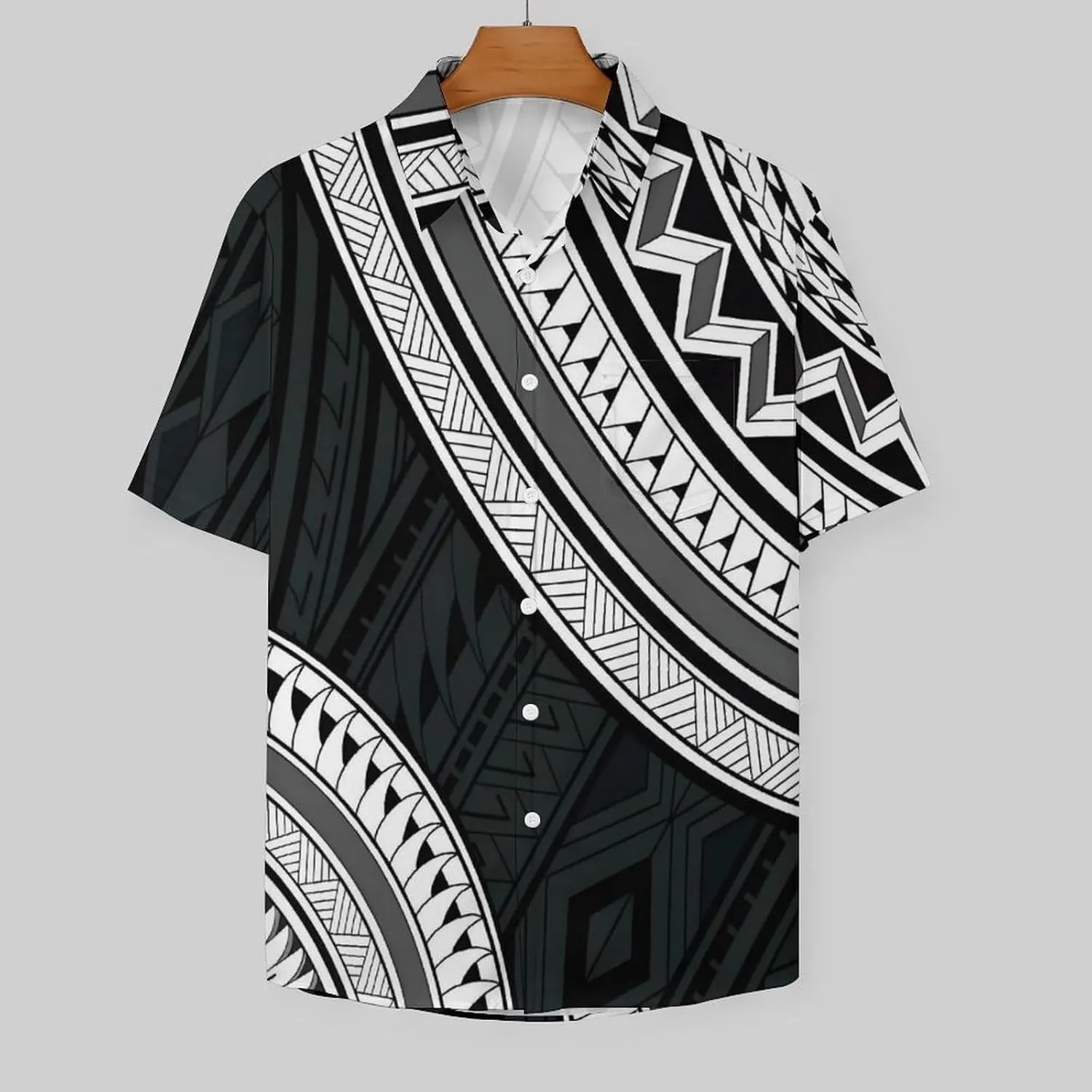 Men's Polynesian Tribal Print Cuban Collar Shirt Short Sleeve Button Down Beach Hawaiian Shirts with Pocket