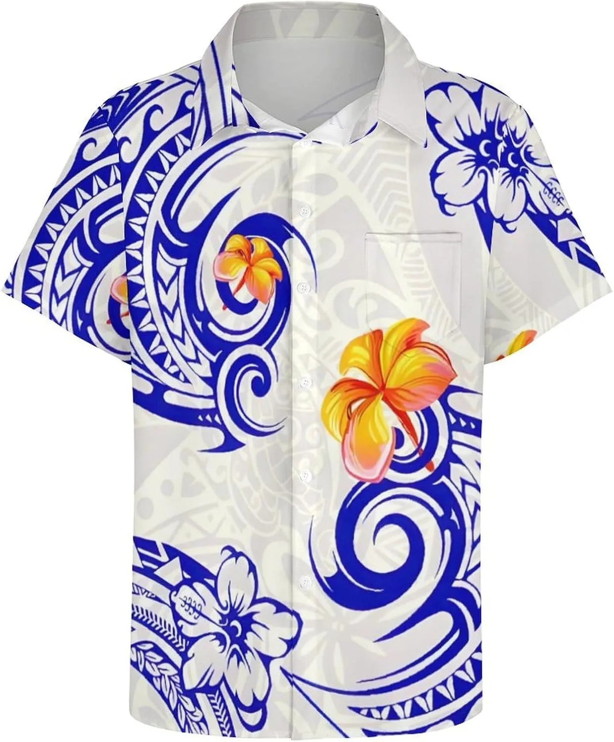 Men's Polynesian Tribal Print Cuban Collar Shirt Short Sleeve Button Down Beach Hawaiian Shirts with Pocket