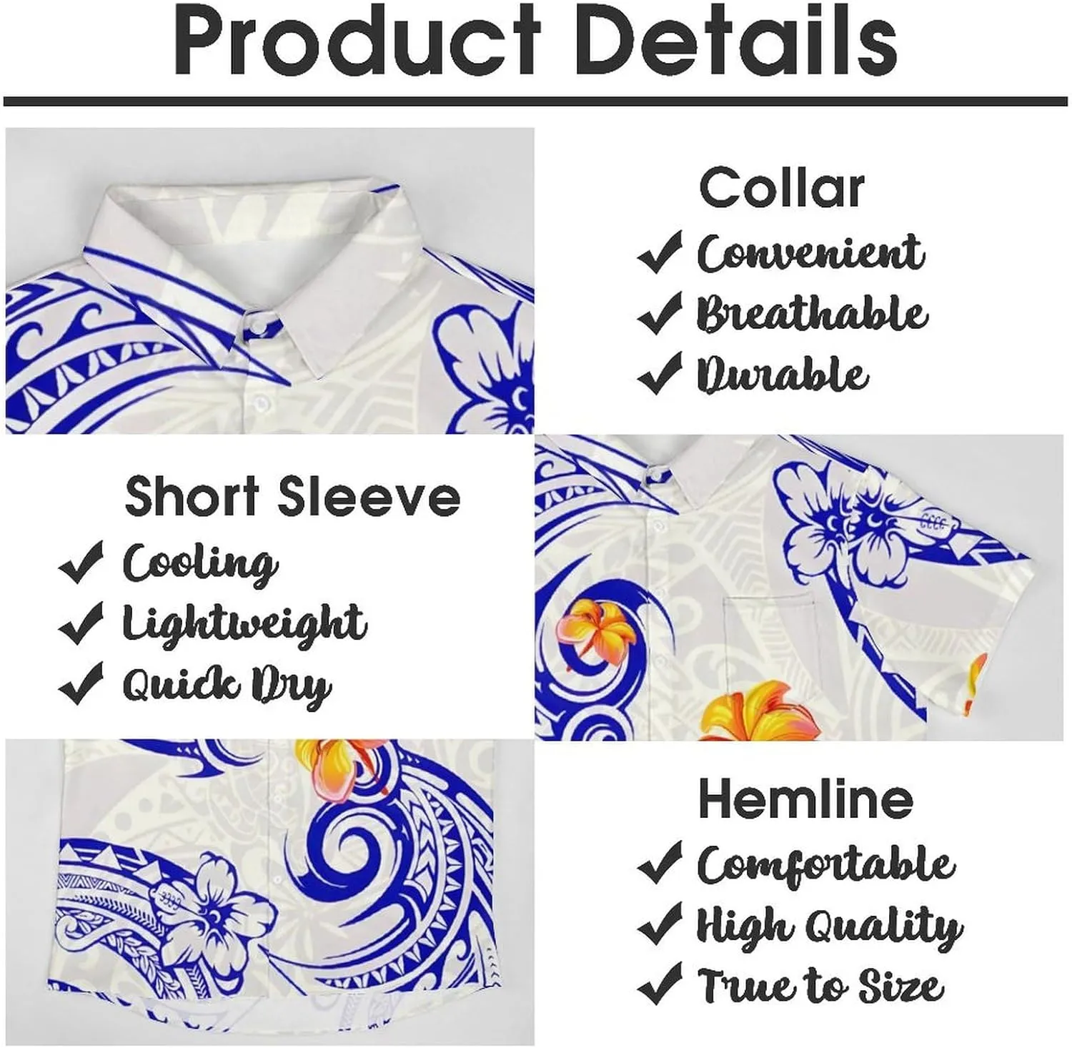 Men's Polynesian Tribal Print Cuban Collar Shirt Short Sleeve Button Down Beach Hawaiian Shirts with Pocket