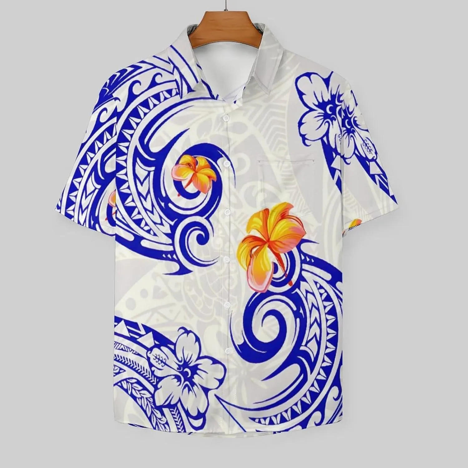 Men's Polynesian Tribal Print Cuban Collar Shirt Short Sleeve Button Down Beach Hawaiian Shirts with Pocket