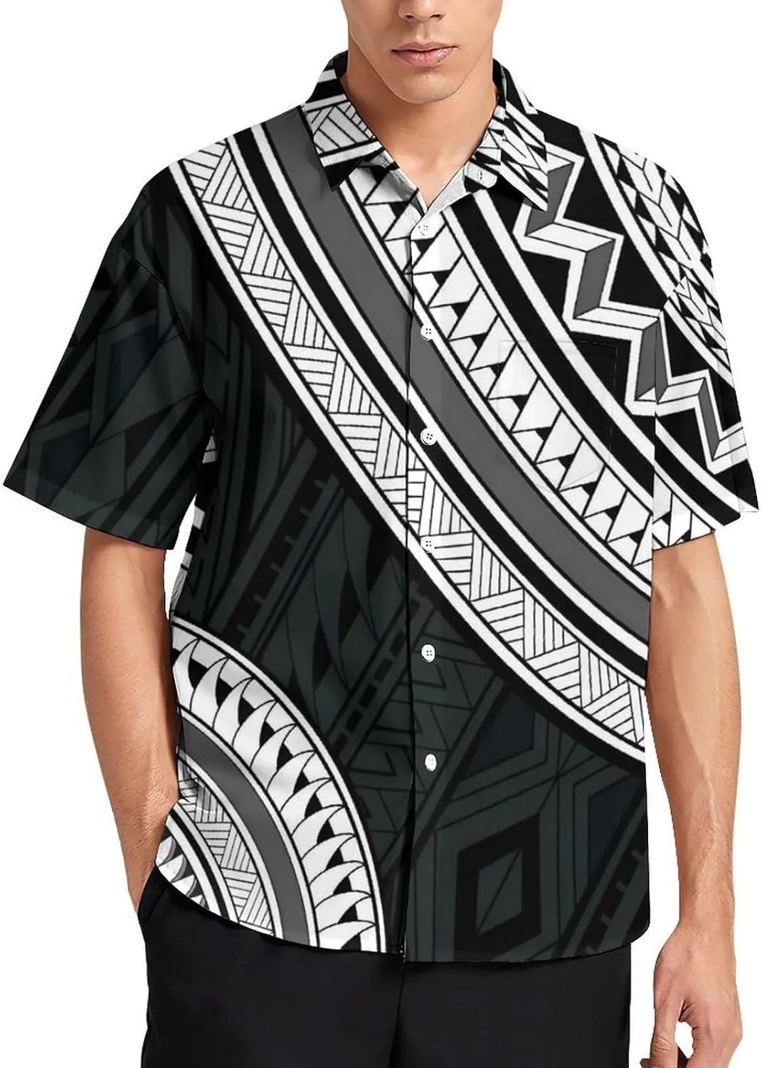 Men's Polynesian Tribal Print Cuban Collar Shirt Short Sleeve Button Down Beach Hawaiian Shirts with Pocket