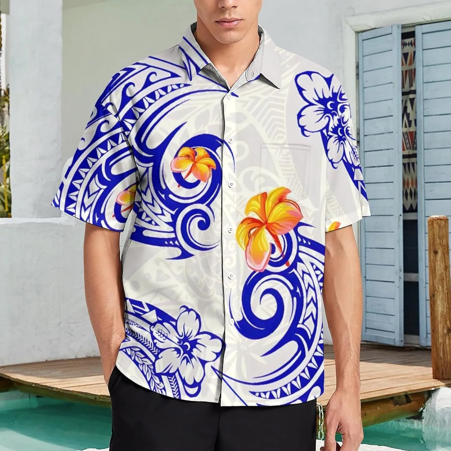 Men's Polynesian Tribal Print Cuban Collar Shirt Short Sleeve Button Down Beach Hawaiian Shirts with Pocket
