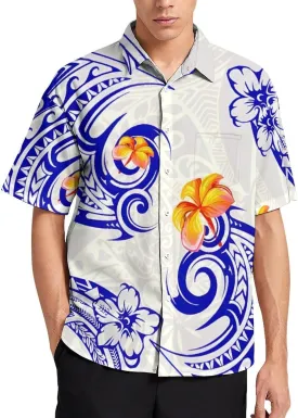Men's Polynesian Tribal Print Cuban Collar Shirt Short Sleeve Button Down Beach Hawaiian Shirts with Pocket