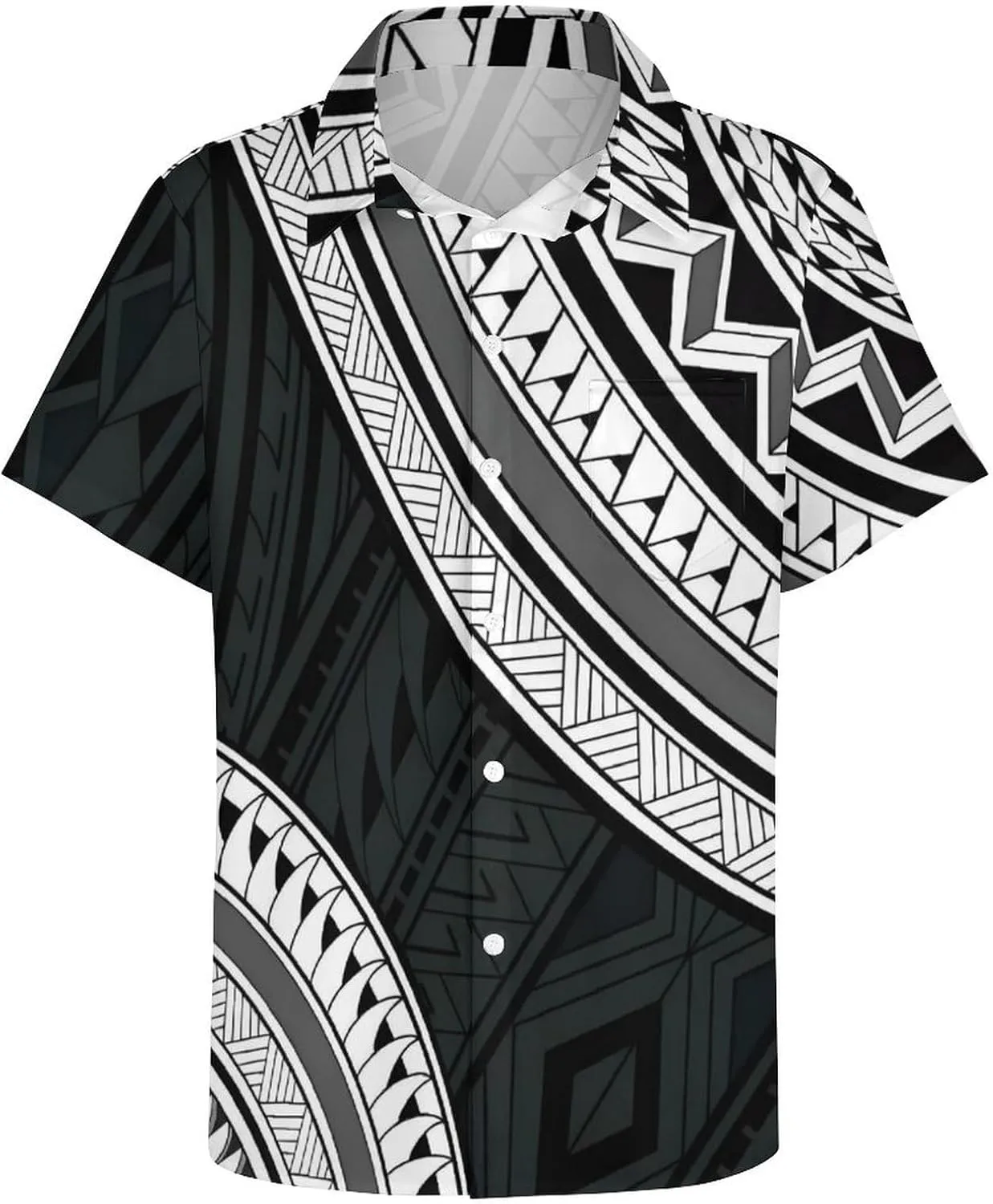 Men's Polynesian Tribal Print Cuban Collar Shirt Short Sleeve Button Down Beach Hawaiian Shirts with Pocket