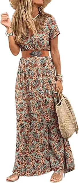 MessBebe Womens 2024 Summer Floral Maxi Dress Wrap V Neck Short Sleeve Beach Party Flowy Long Boho Dresses with Belt