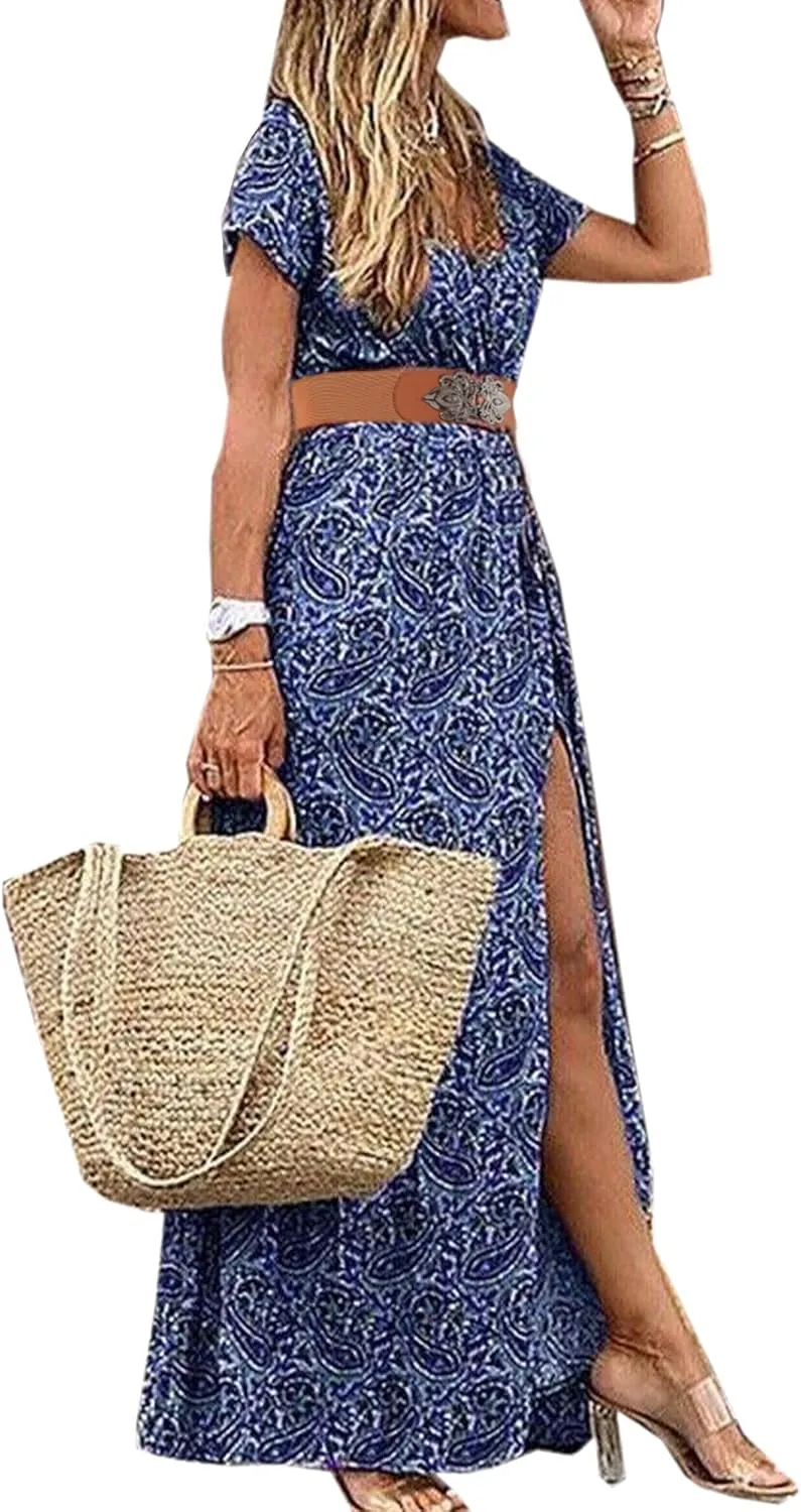 MessBebe Womens 2024 Summer Floral Maxi Dress Wrap V Neck Short Sleeve Beach Party Flowy Long Boho Dresses with Belt