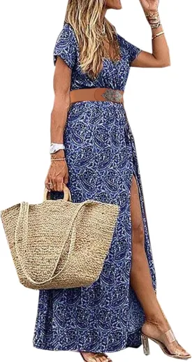 MessBebe Womens 2024 Summer Floral Maxi Dress Wrap V Neck Short Sleeve Beach Party Flowy Long Boho Dresses with Belt
