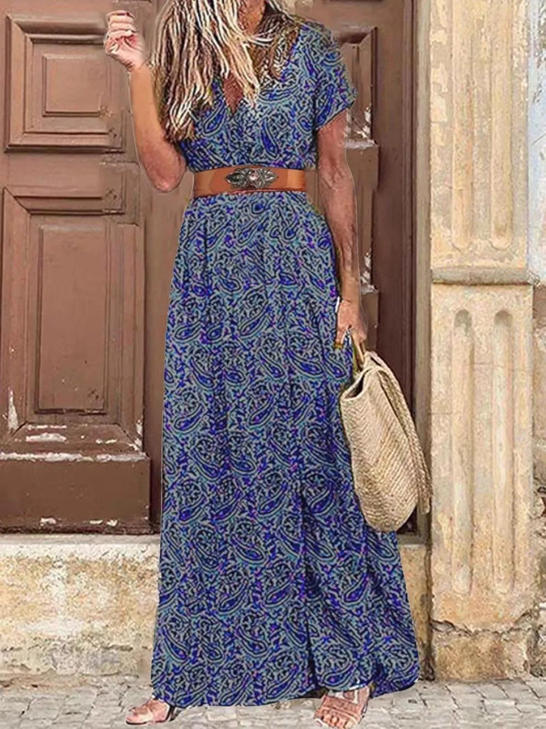 MessBebe Womens 2024 Summer Floral Maxi Dress Wrap V Neck Short Sleeve Beach Party Flowy Long Boho Dresses with Belt