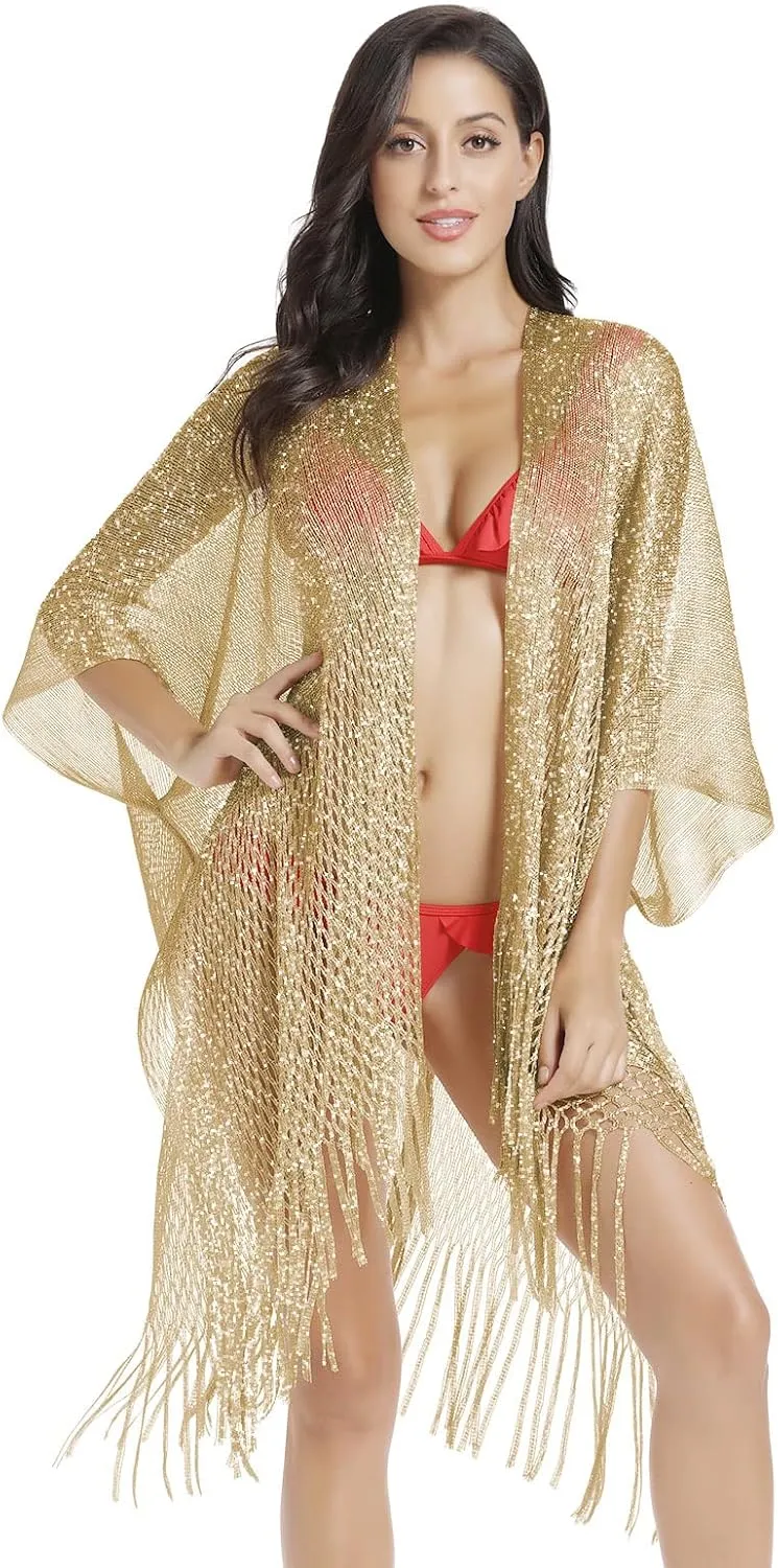 Metallic Sparkling Kimono Swimsuit Cover Ups/Beach Bikini Cover Up for Summer Vacation