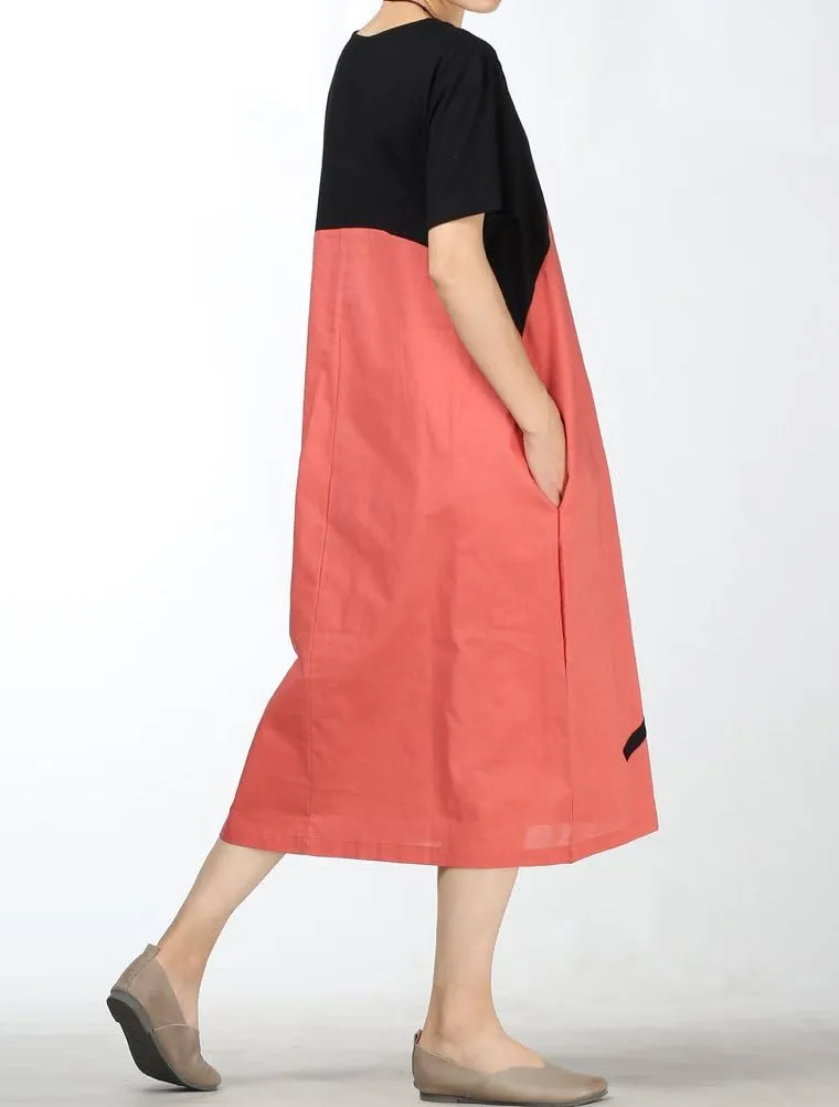 Minibee Women's Linen Casual Dress Summer Short Sleeve Midi A-line Boho Tunic Dresses with Pockets