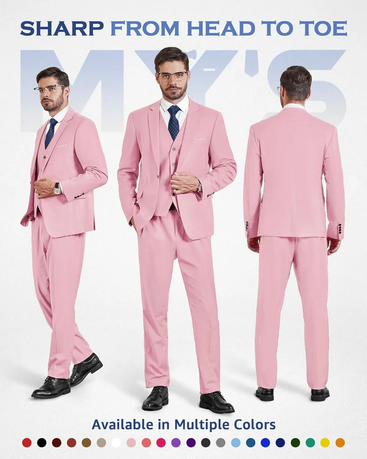 MY'S Men's 3 Piece Slim Fit Suit Set, One Button Solid Jacket Vest Pants with Tie