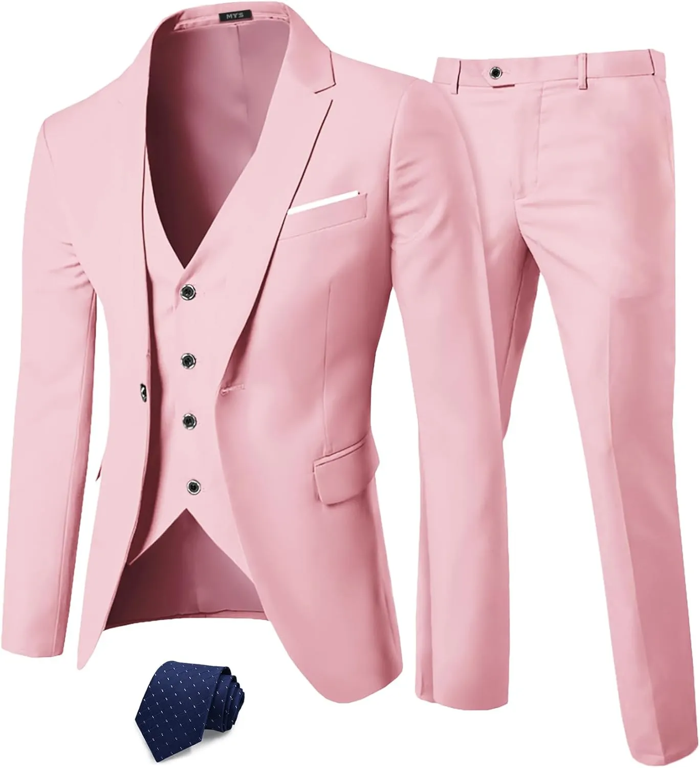 MY'S Men's 3 Piece Slim Fit Suit Set, One Button Solid Jacket Vest Pants with Tie