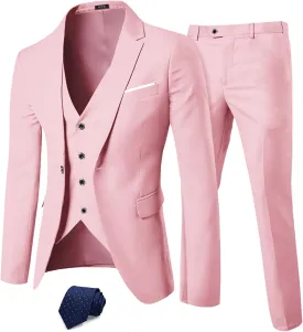 MY'S Men's 3 Piece Slim Fit Suit Set, One Button Solid Jacket Vest Pants with Tie