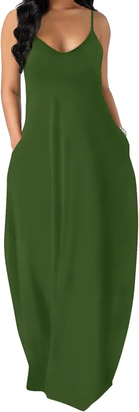 OFEEFAN Women's Maxi Dresses Summer Spaghetti Strap Dress with Pockets