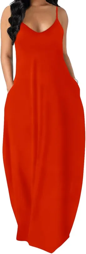 OFEEFAN Women's Maxi Dresses Summer Spaghetti Strap Dress with Pockets