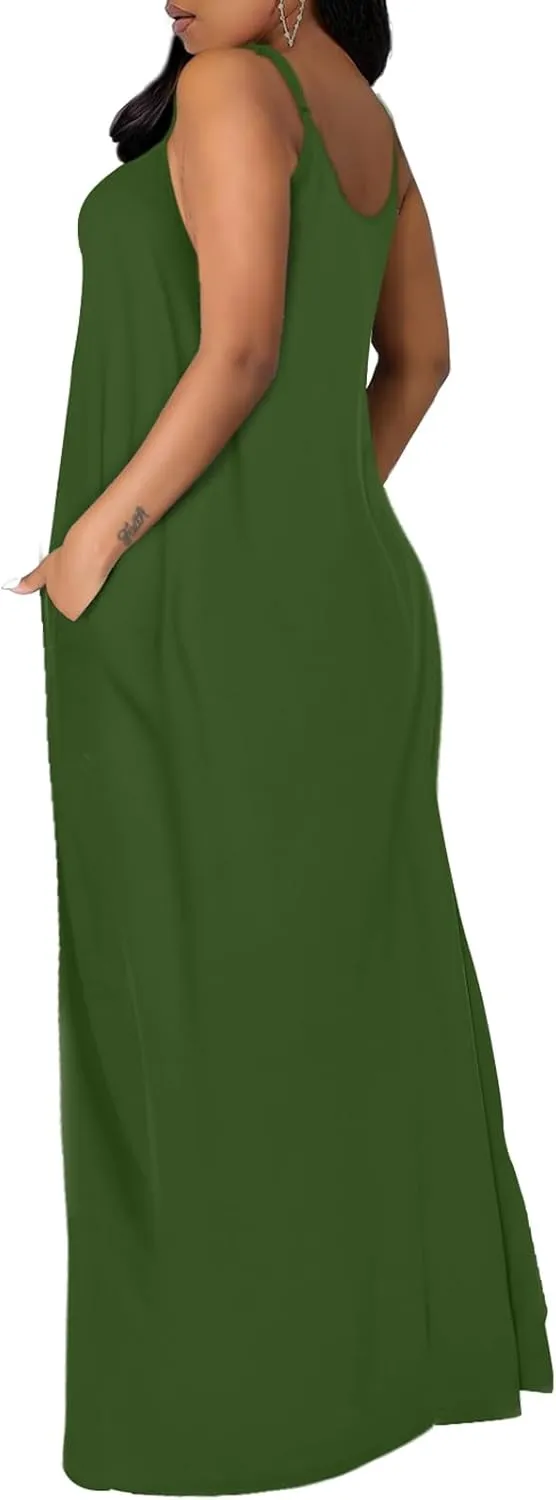 OFEEFAN Women's Maxi Dresses Summer Spaghetti Strap Dress with Pockets