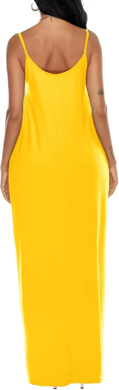 OFEEFAN Women's Maxi Dresses Summer Spaghetti Strap Dress with Pockets