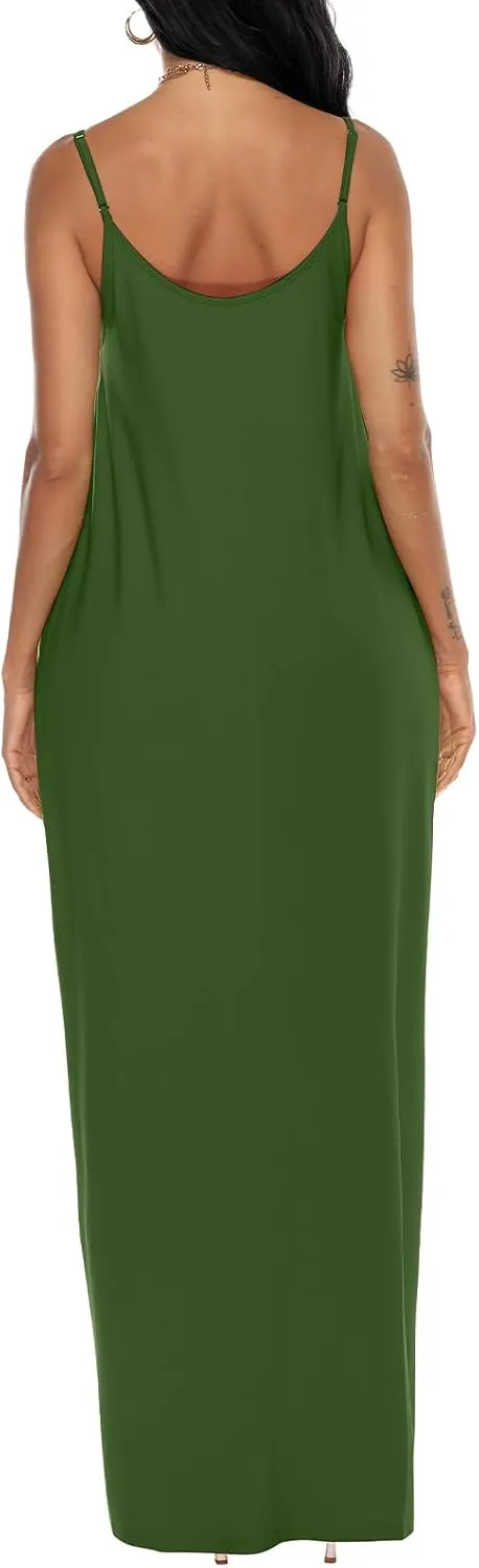 OFEEFAN Women's Maxi Dresses Summer Spaghetti Strap Dress with Pockets