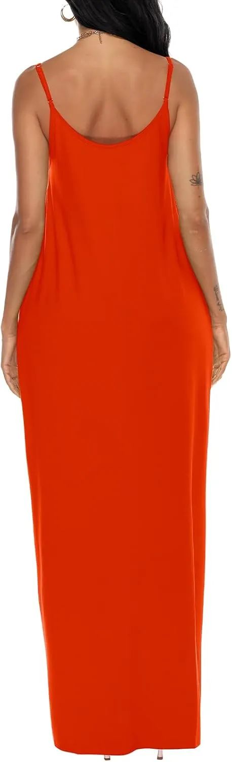 OFEEFAN Women's Maxi Dresses Summer Spaghetti Strap Dress with Pockets