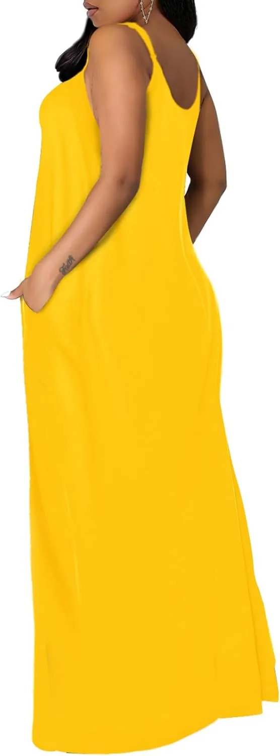 OFEEFAN Women's Maxi Dresses Summer Spaghetti Strap Dress with Pockets
