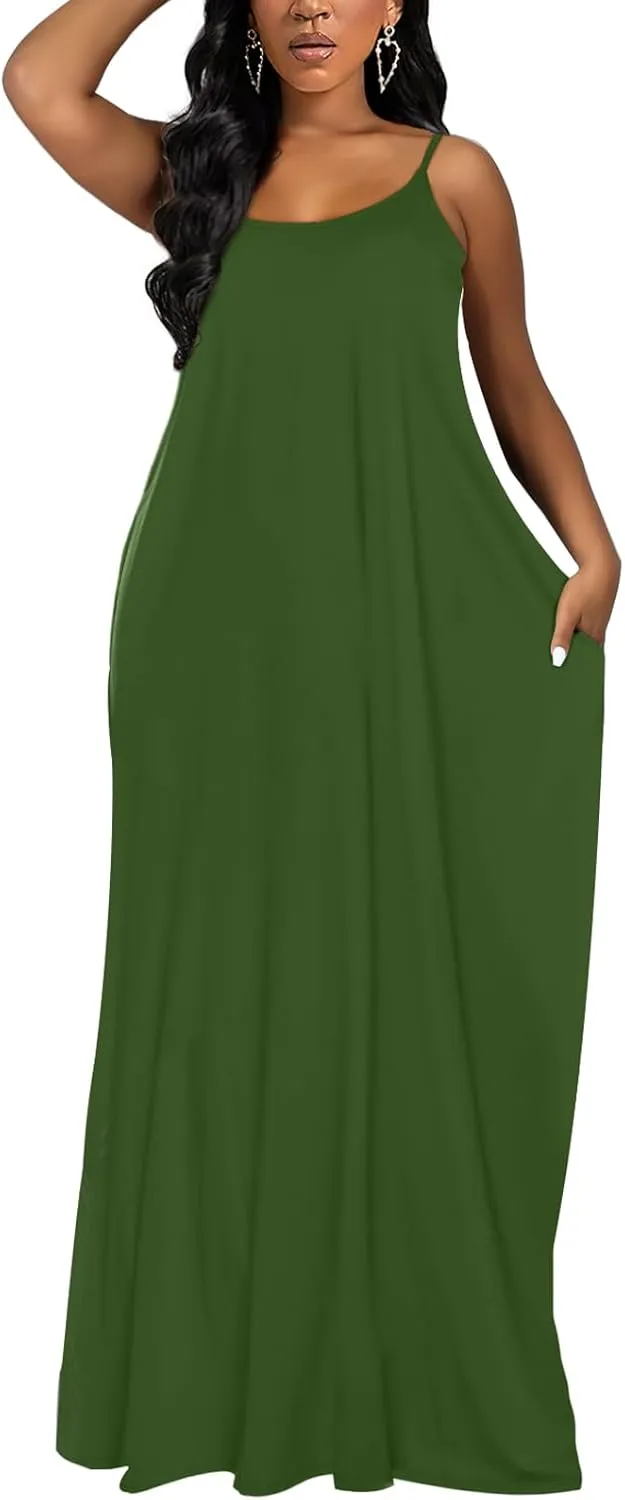 OFEEFAN Women's Maxi Dresses Summer Spaghetti Strap Dress with Pockets