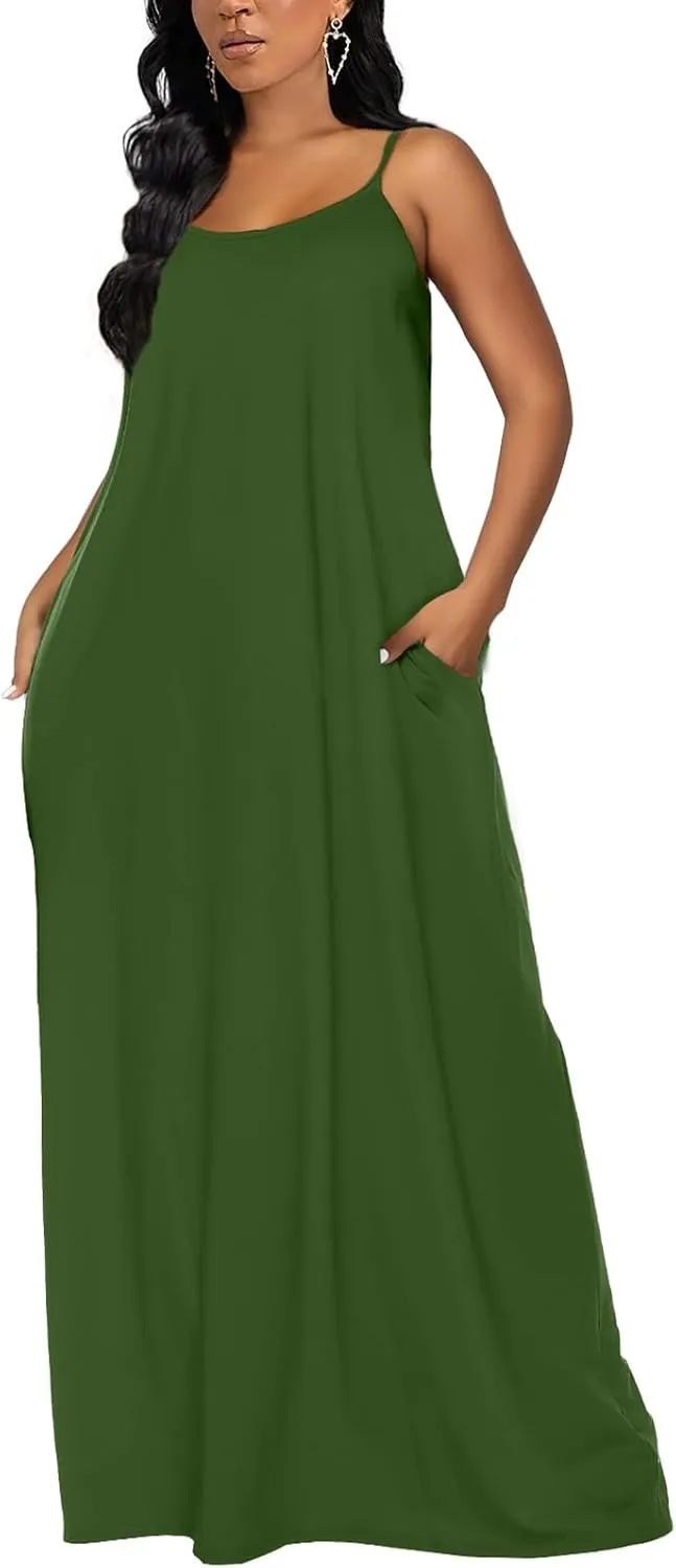 OFEEFAN Women's Maxi Dresses Summer Spaghetti Strap Dress with Pockets