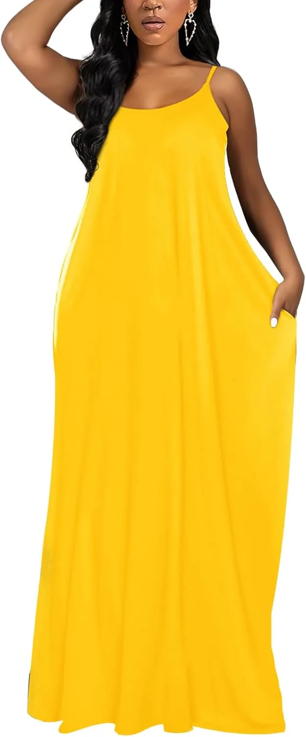 OFEEFAN Women's Maxi Dresses Summer Spaghetti Strap Dress with Pockets