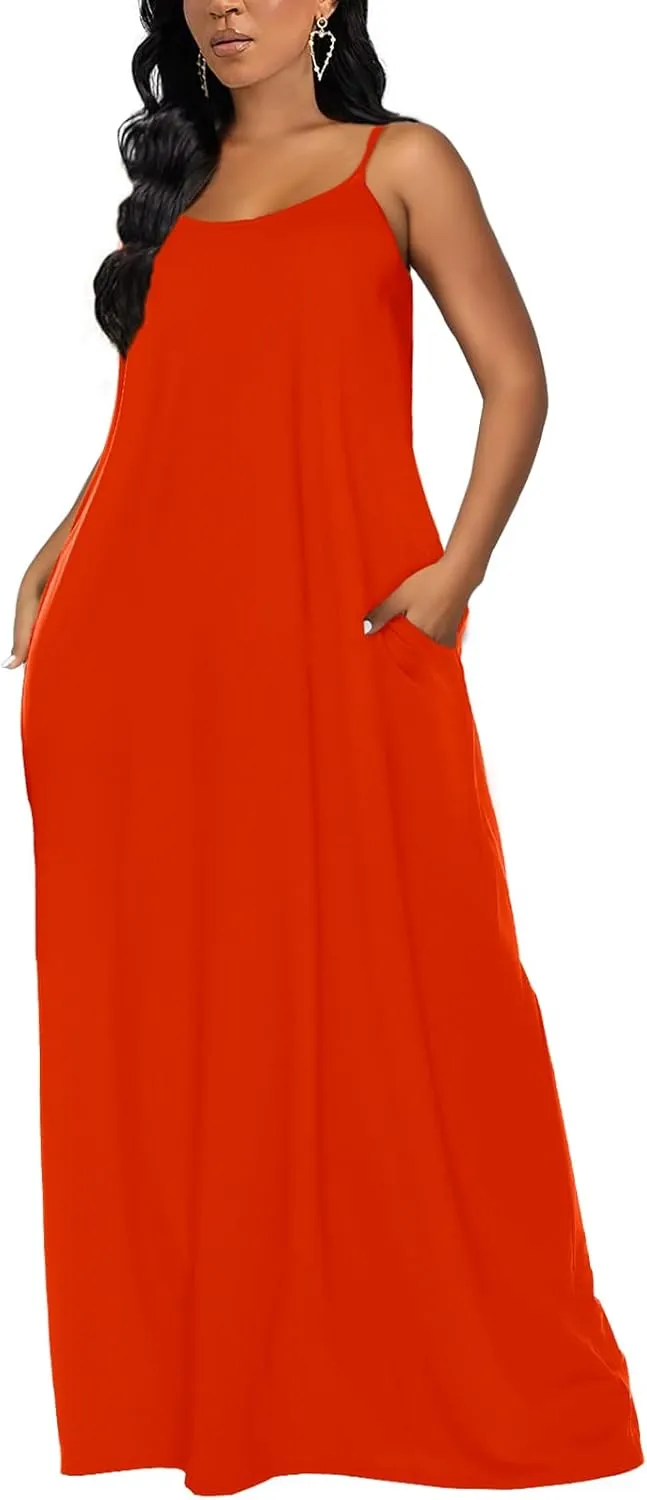 OFEEFAN Women's Maxi Dresses Summer Spaghetti Strap Dress with Pockets