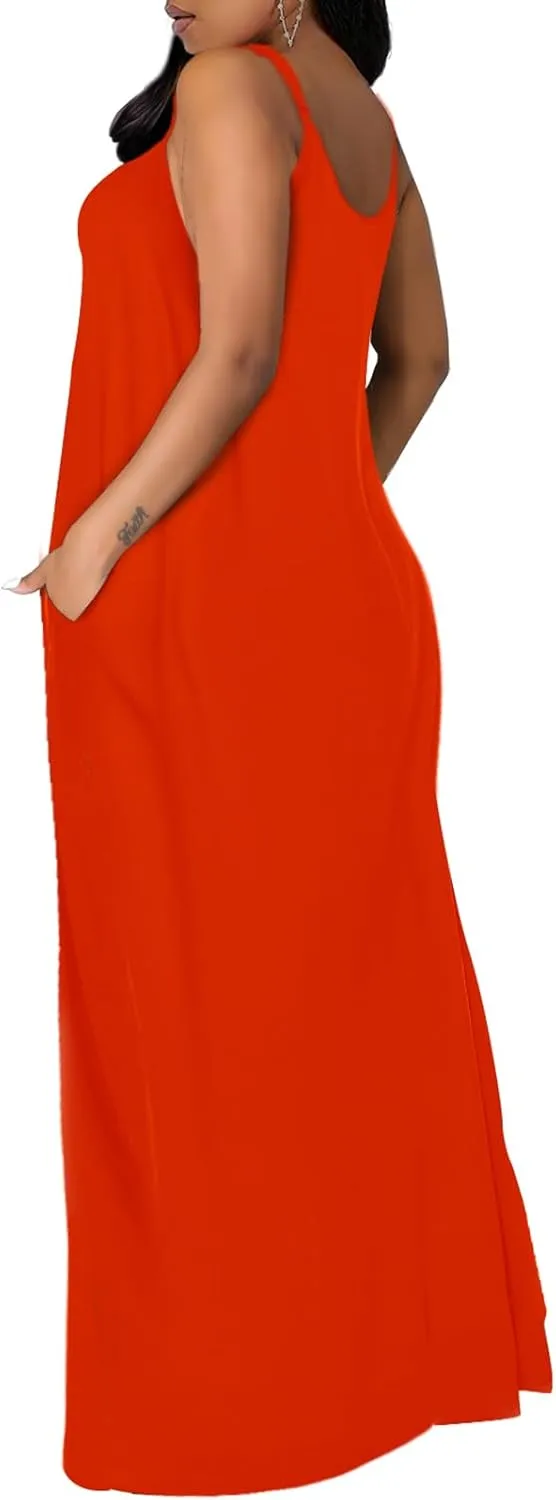 OFEEFAN Women's Maxi Dresses Summer Spaghetti Strap Dress with Pockets